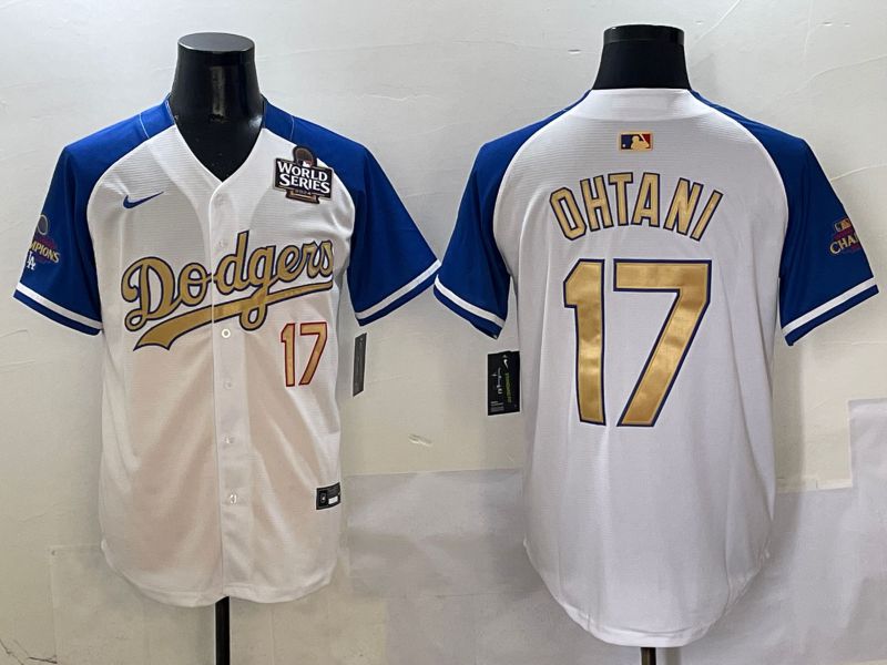Men Los Angeles Dodgers #17 Ohtani White Blue Gold Game 2025 Nike MLB Jersey style 3